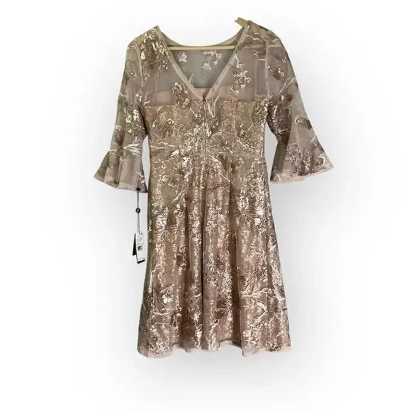 Adrianna Papell Joyful Blush Metallic Bell Sleeve Dress Sequined Embroidered  - threedaughtersproperties.com